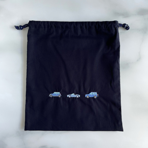 受注製作【3点セット】紺色・サイズ選択可・車の刺繍・レッスンバッグ・上履き袋・お着替え袋・男の子・入園入学・お受験 16枚目の画像
