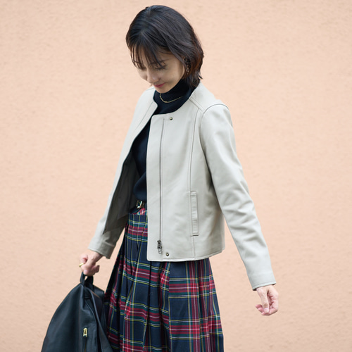 ﾓﾘﾉｶﾞｯｺｳ L ラムレザーノーカラーブルゾン【ライトグレーベージュ】12