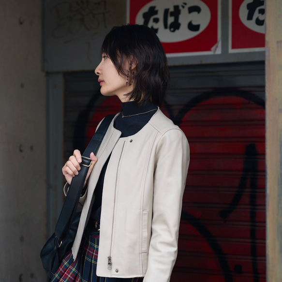 Morino Gakko L 號羔羊皮無領外套外套 [淺灰米色] 約 12/4 出貨 第15張的照片