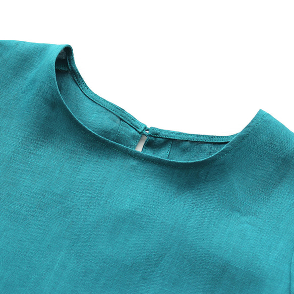 亞麻 3/4 袖側褶連身裙，修長外觀（綠松石色）OP37。 第9張的照片