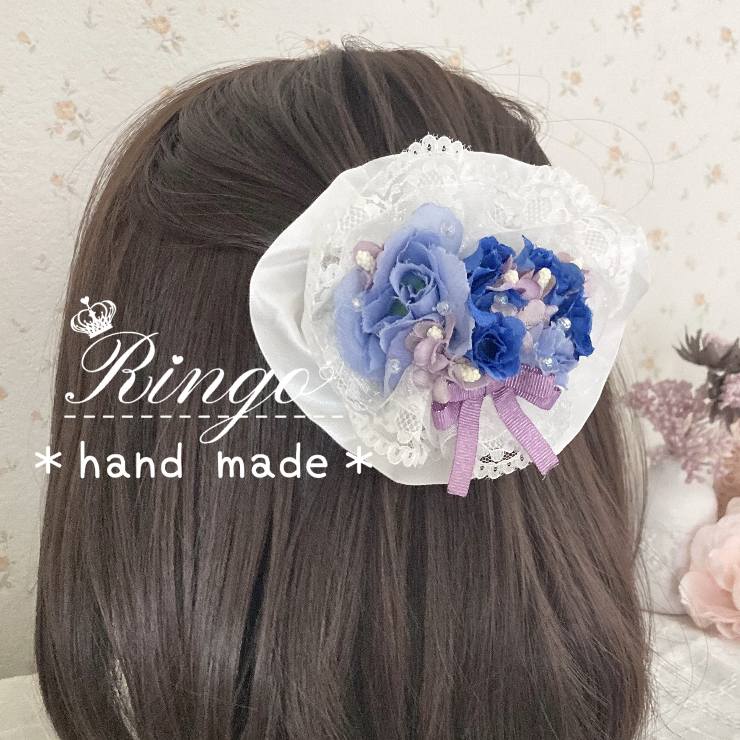 花束のようなバレッタ 白レース×ブルーローズ リボンヘアピン