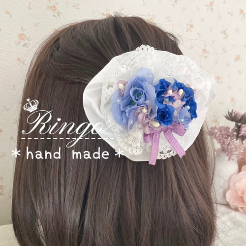 花束のようなバレッタ 白レース×ブルーローズ リボンヘアピン ヘア 