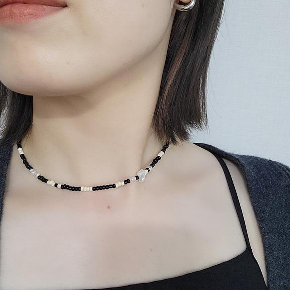 ビーズネックレスblack white pearl ビーズチョーカー