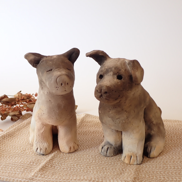 陶製 犬の置き物 子犬のきょうだい 野焼き技法 『犬の日2023