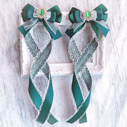 量産型 ヘアクリップ 2個セット クロスリボン 深緑 レース ヘアピン