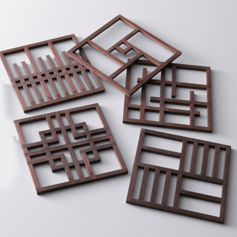 京町家コースター5枚セット　京指物（伝統工芸）組子　紫檀　木製