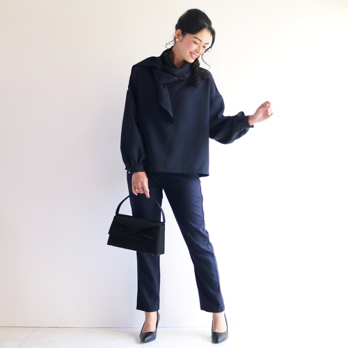 New【ネイビー】洗えるさらりマットジョーゼット3WAYボウタイブラウス
