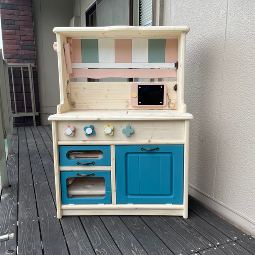 おままごとキッチン Wホワイト×ターコイズセット 花カフェ〜対面