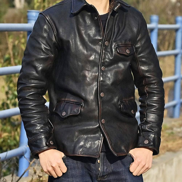 ワックスド羊革シャツ襟ショートコート Waxed Sheep Leather
