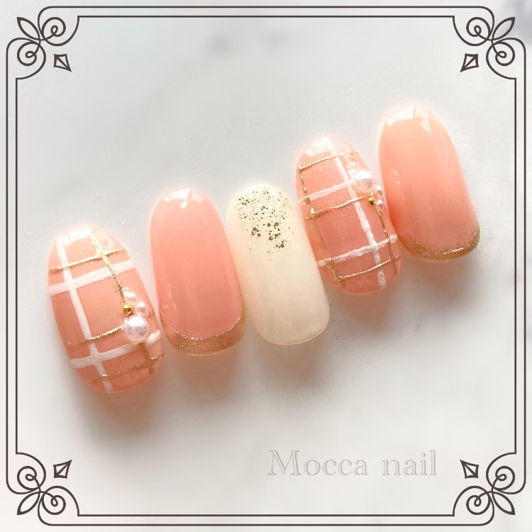 【No.008】ピンク系ネイルチップ♡チェック柄♡イニシャルシール50円