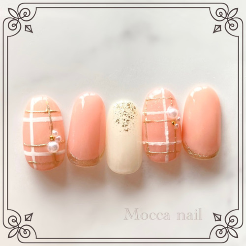 064】コーラルピンク×ミラーチェック ネイルチップ | カラー変更