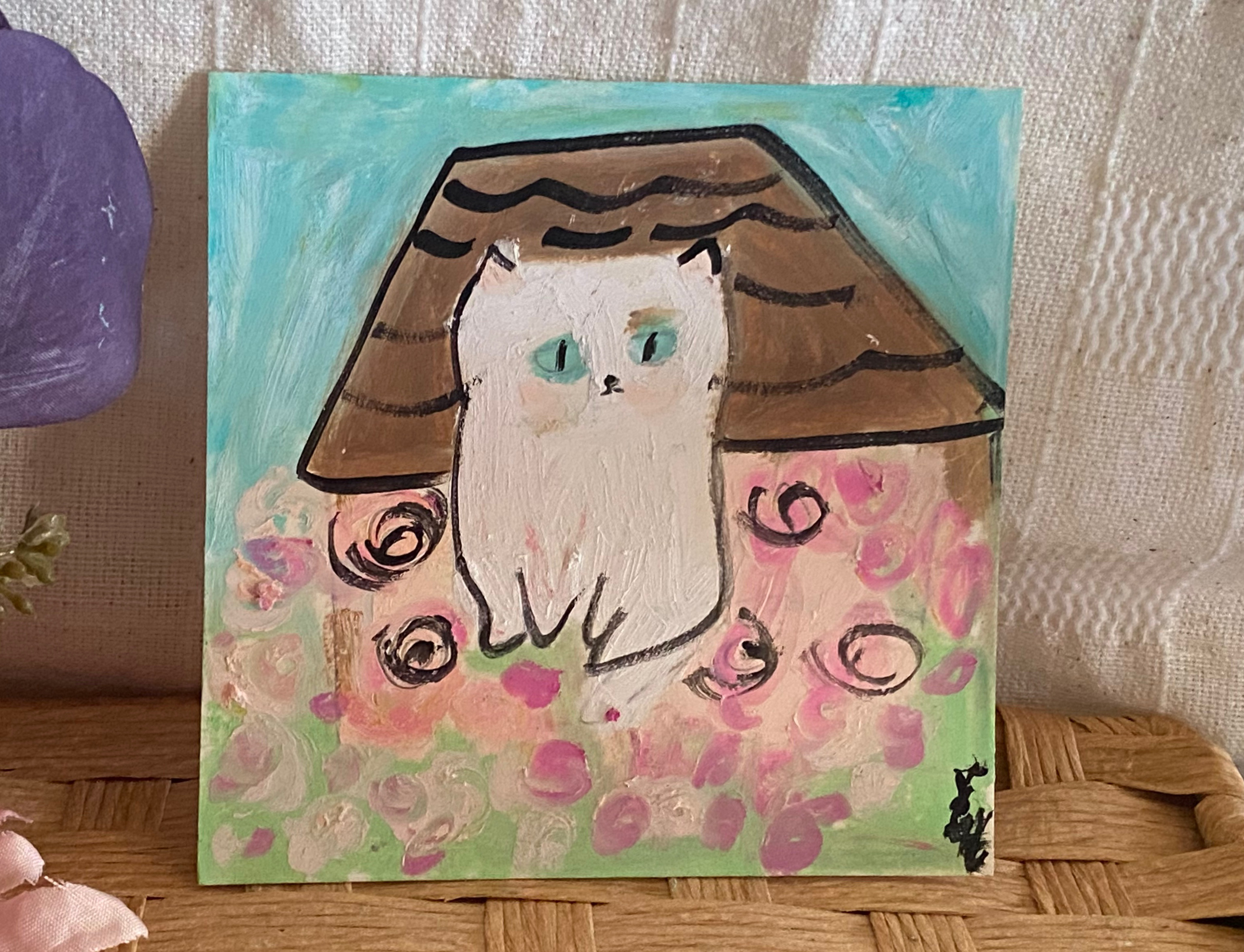 絵画。壁掛け原画【猫ちゃんを連れて午後のコーヒーを飲みに出かける】01 絵画。壁掛け原画【猫ちゃんを連れて午後のコーヒーを飲みに
