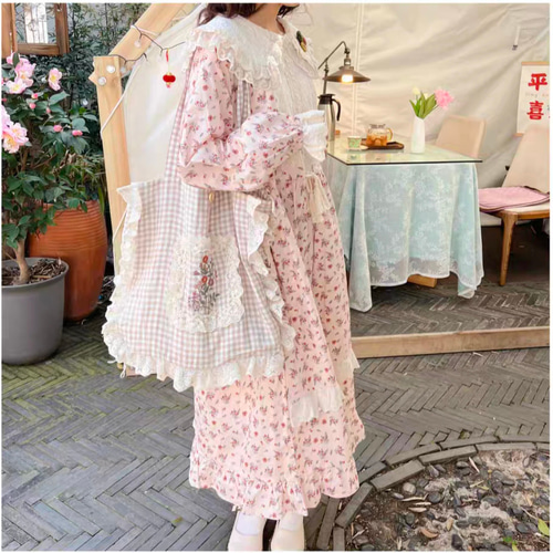 チェック レースフリル 花刺繍 綿 トートバッグ ハンドバッグ 肩掛け