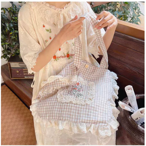 チェック レースフリル 花刺繍 綿 トートバッグ ハンドバッグ 肩掛け