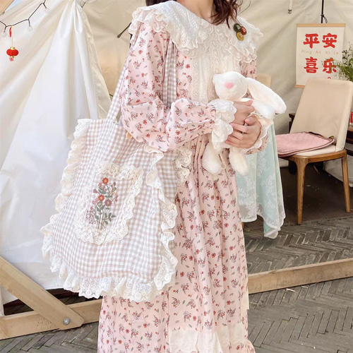 チェック レースフリル 花刺繍 綿 トートバッグ ハンドバッグ 肩掛け