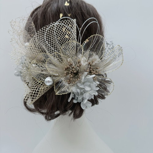 ディップアート　髪飾り　成人式卒業式 白　黒　ゴールド　グレー　牡丹【銀箔1枚】 by ファッション 【豪華】ディップアート 髪飾り 成人式卒業式 白 黒