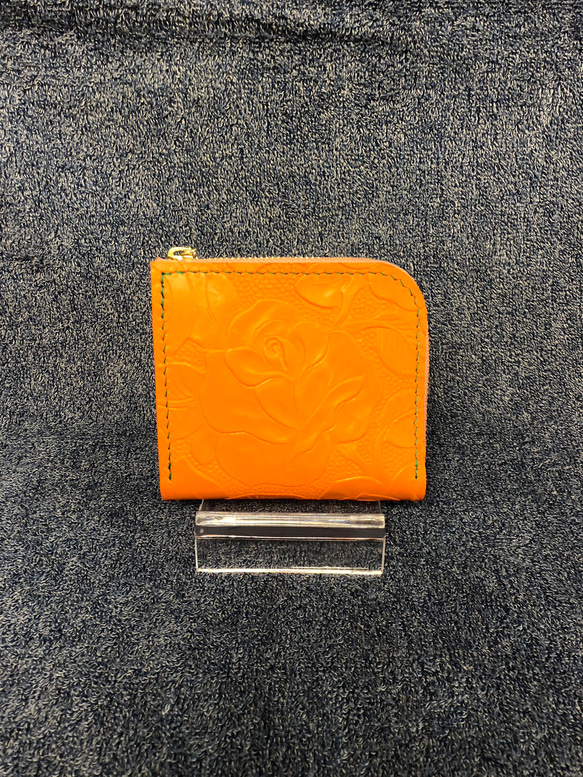 革　Ｌ字ファスナー　財布　オレンジ　型押しローズ 5枚目の画像
