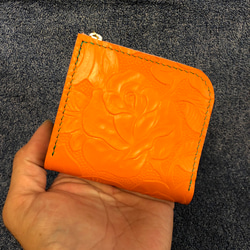革　Ｌ字ファスナー　財布　オレンジ　型押しローズ 1枚目の画像