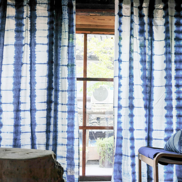 竹影 手工紮染藍染純棉窗簾門簾 原創設計天然草木染訂製成品窗簾 第1張的照片