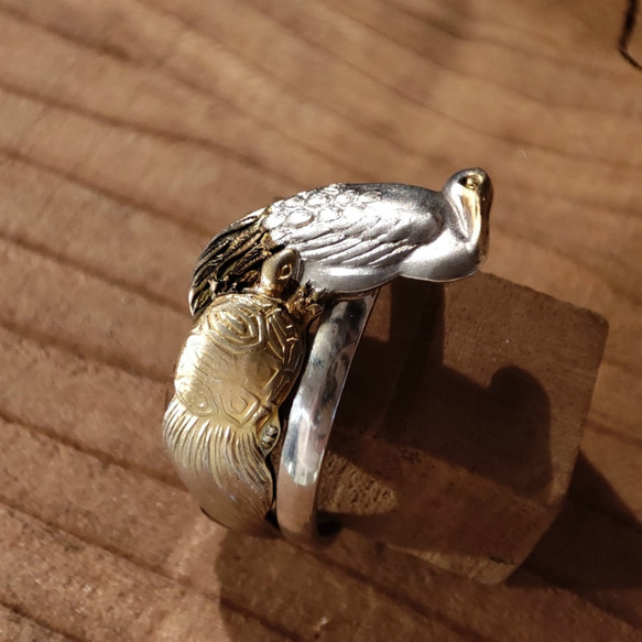 充滿日本美學的幸運符設計。古董銀製糖果牙籤重製戒指「鶴龜」_807 第1張的照片