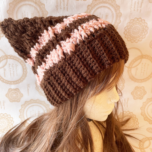 春も使える！今年も猫耳♫毎年好評のニット帽⭐︎ピンク×チョコレート