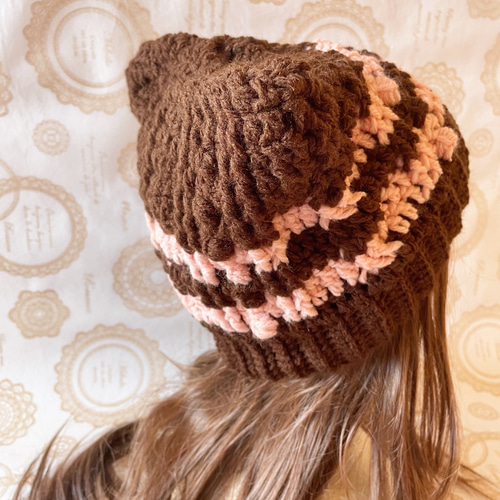 春も使える！今年も猫耳♫毎年好評のニット帽⭐︎ピンク×チョコレート