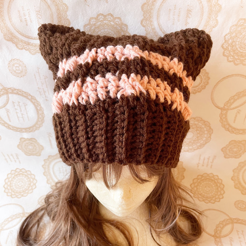 春も使える！今年も猫耳♫毎年好評のニット帽⭐︎ピンク×チョコレート