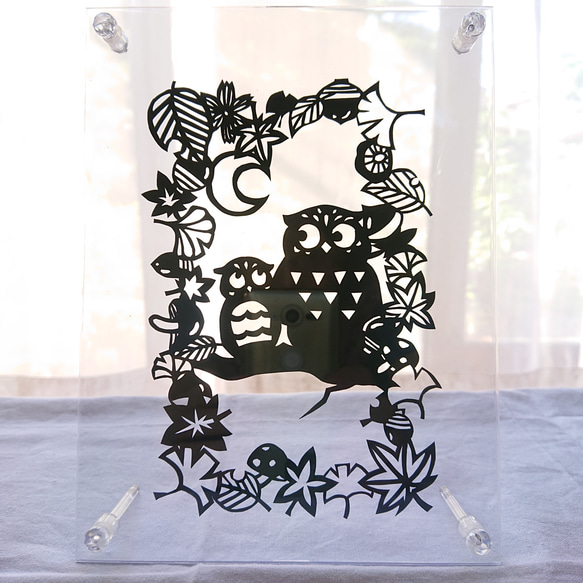 美品】梟と紅葉のアート作品