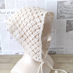 バブーシュカ　大人　かわいい　スカーフ　ヘッドドレス　ヘアバンド　かぎ針編み　手編み　三角巾　バンダナ　クロシェ　カフェ 1枚目の画像
