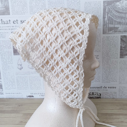 バブーシュカ　大人　かわいい　スカーフ　ヘッドドレス　ヘアバンド　かぎ針編み　手編み　三角巾　バンダナ　クロシェ　カフェ 3枚目の画像