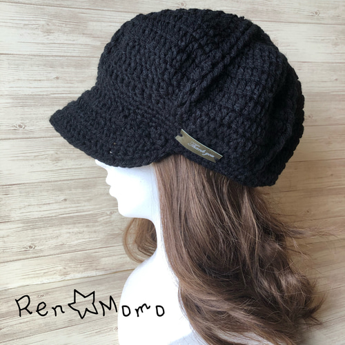 手編み キャスケット ニット帽 ブラック ニット帽・ビーニー ren-momo