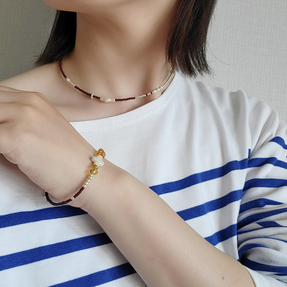 luckySET♡ビーズチョーカーとブレスレットセット...brown pearl 1枚目の画像