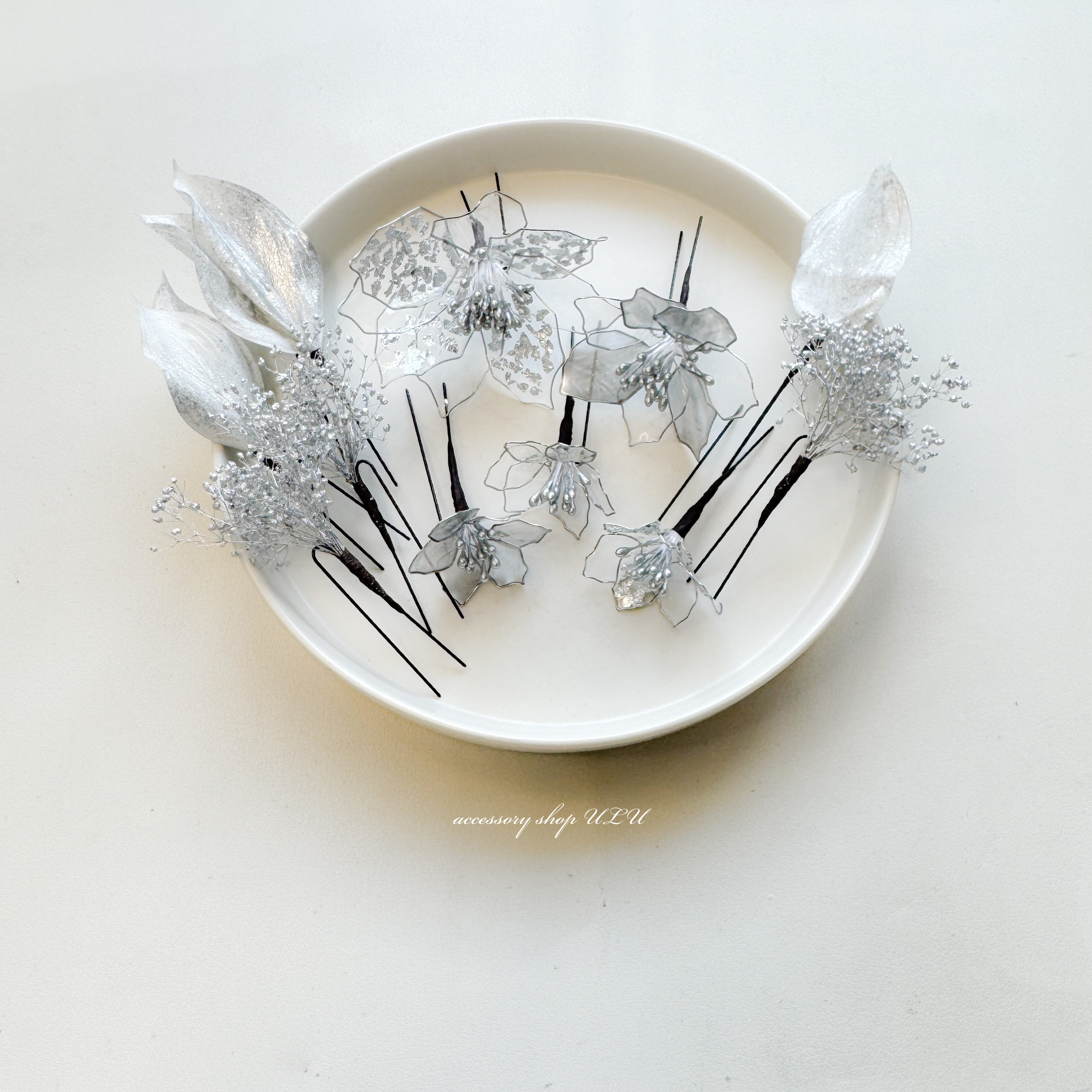 アメリカンフラワー シルバー ヘッドドレス 銀箔 和装 成人式 結婚式 卒業式 ブライダル ウェディング フラワー