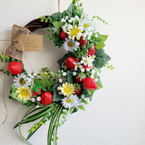 いちごFLOWERリース 小花MIX 玄関リース アーティフィシャルフラワー