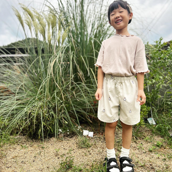 『刺繍ペンギン』ウォッシュコットンのショートパンツ 2枚目の画像