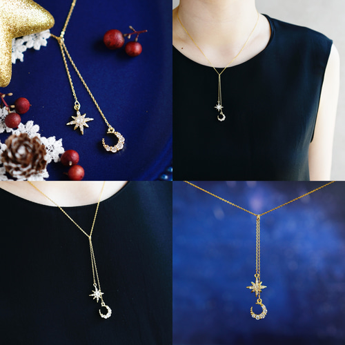 Y字 ネックレス】星と月 夜空の輝き ビジュー ／ クリスマスプレゼント