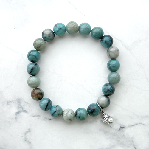 天然石 クリソコラ 8ミリ ブレスレット 海 ブルー グリーン 青 緑 貝殻  