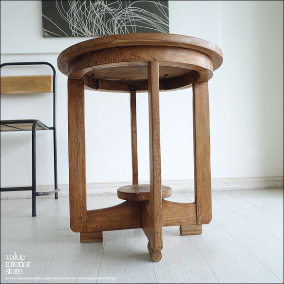 チーク無垢材 ヴィンテージサイドテーブルAnqbo14 丸テーブル 什器 無垢材テーブル 一点物 再生家具 1枚目の画像