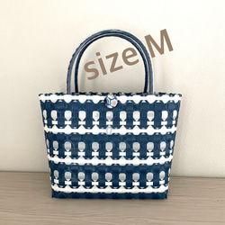 プラカゴ インディゴxホワイト 斜めチェック柄 Lサイズ トート エコ