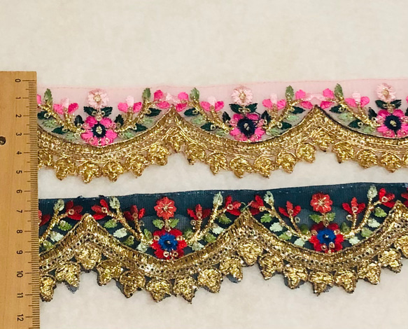インスタ刺繍リボンフリル　ピンク　ネイビー 3枚目の画像