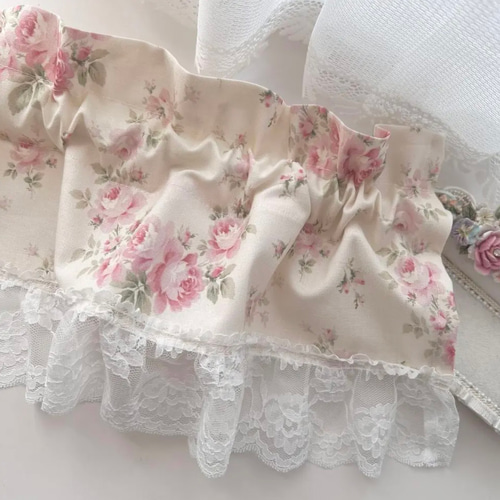 アイボリー ホワイト バラ柄が素敵な バランスカーテン カフェカーテン