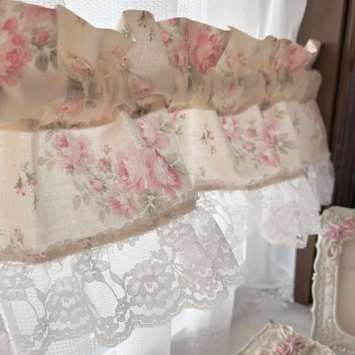 アイボリー ホワイト バラ柄が素敵な バランスカーテン カフェカーテン