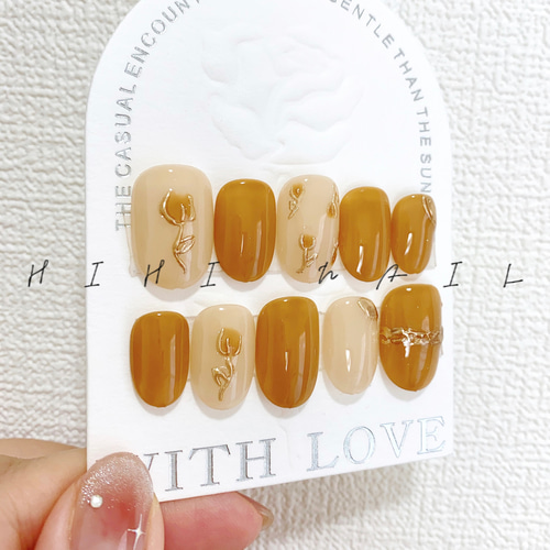 秋ネイル ネイルチップ つけ爪 韓国ネイル ワンホンネイル 結婚式 入学