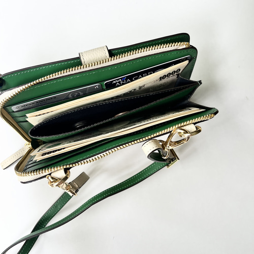 ♪ creemaハンドメイドお財布ショルダー 本革 超軽量260グラム お財布ショルダー スマホショルダー