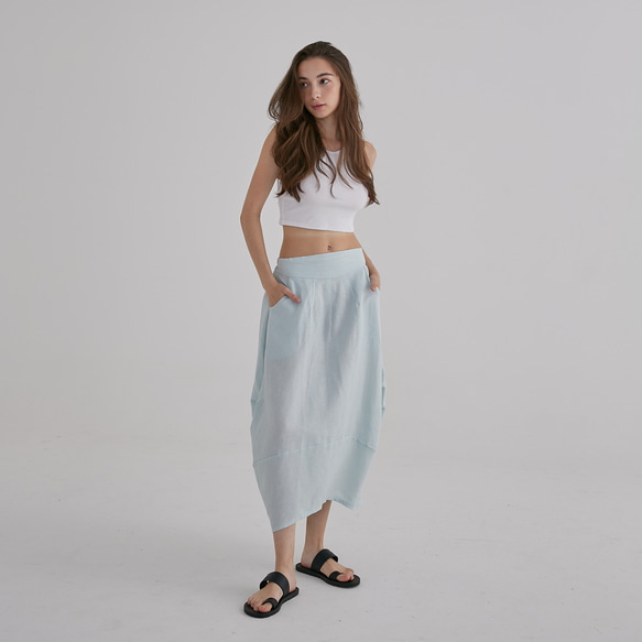 棉麻圓裙 - 單寧 Side ruched midi skirt - Mint 第2張的照片