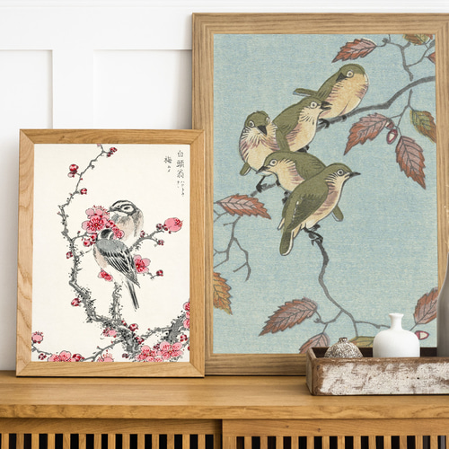 NO.492】鶯とどんぐりの日本画アートポスター☆ウグイス和柄植物浮世絵
