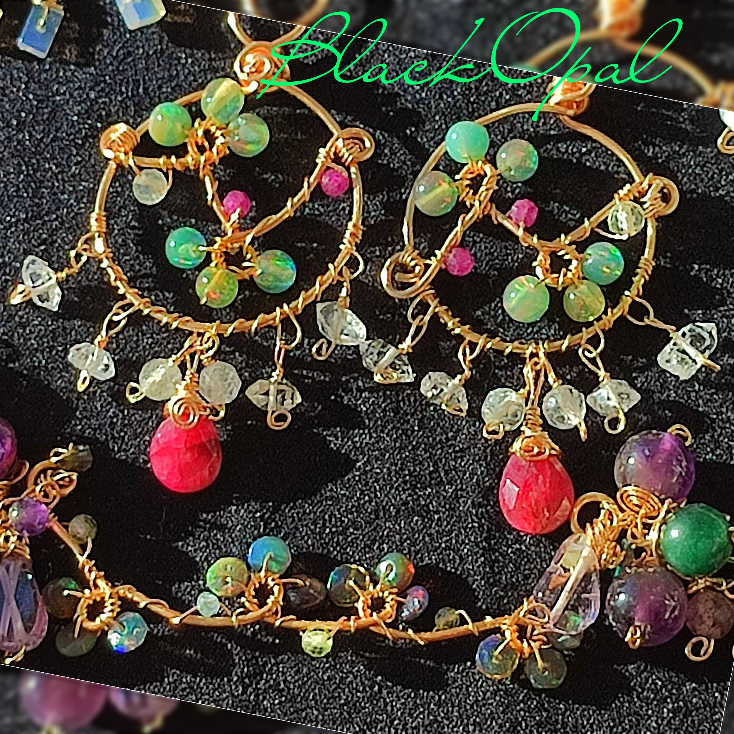 14kgf  AAA ブラックオパール  ハーキマーダイヤモンドピアス　誕生石　お出かけ　パーティー