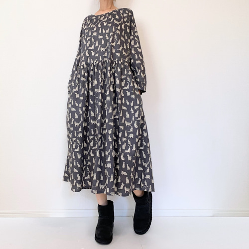 SALE】リバティファブリック＊小さな猫柄＊大人の長袖ワンピース 
