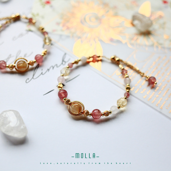 Molla 紅粉好佳人粉晶草莓晶黃水晶手環（手工訂製-可調仿硬式手環） 第1張的照片