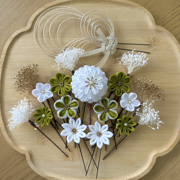 ✳︎うぐいす×白✳︎つまみ細工髪飾り ヘアピン MAMO 通販